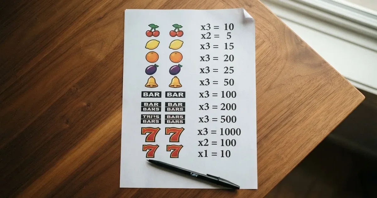 A printed strip of generic slot symbols and payout numbers laid on a desk, like a reference chart rather than a live game.