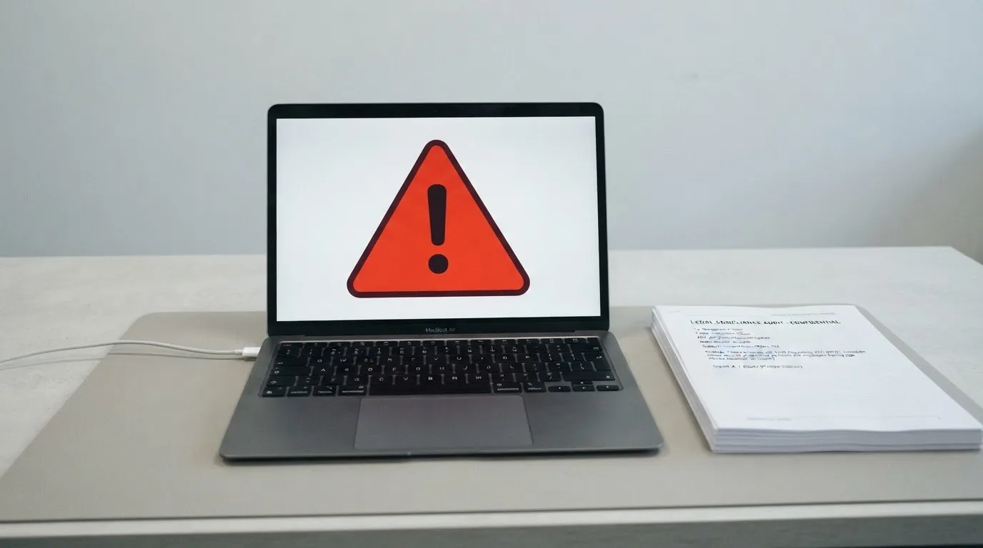 A red triangular warning sign icon on a laptop screen next to a stack of legal papers, symbolising an official caution rather than any specific website.
