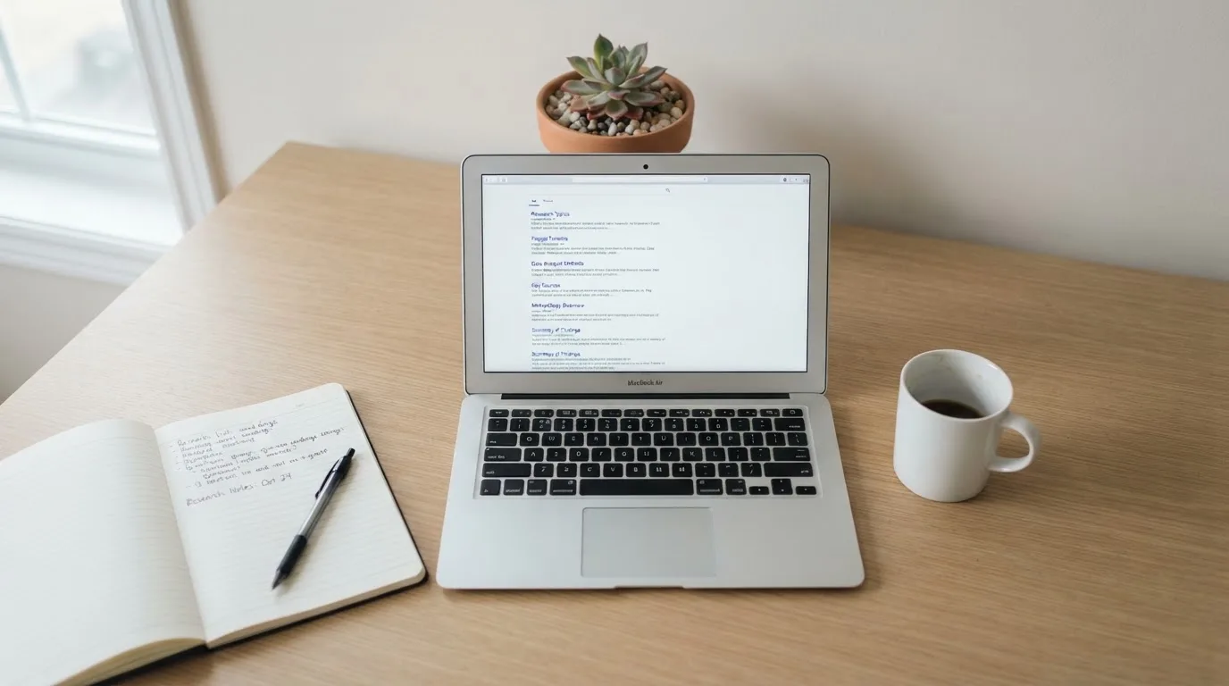 A tidy desk with a laptop open on a plain search-results page, a notebook and a coffee cup beside it, no screens showing any casino branding.