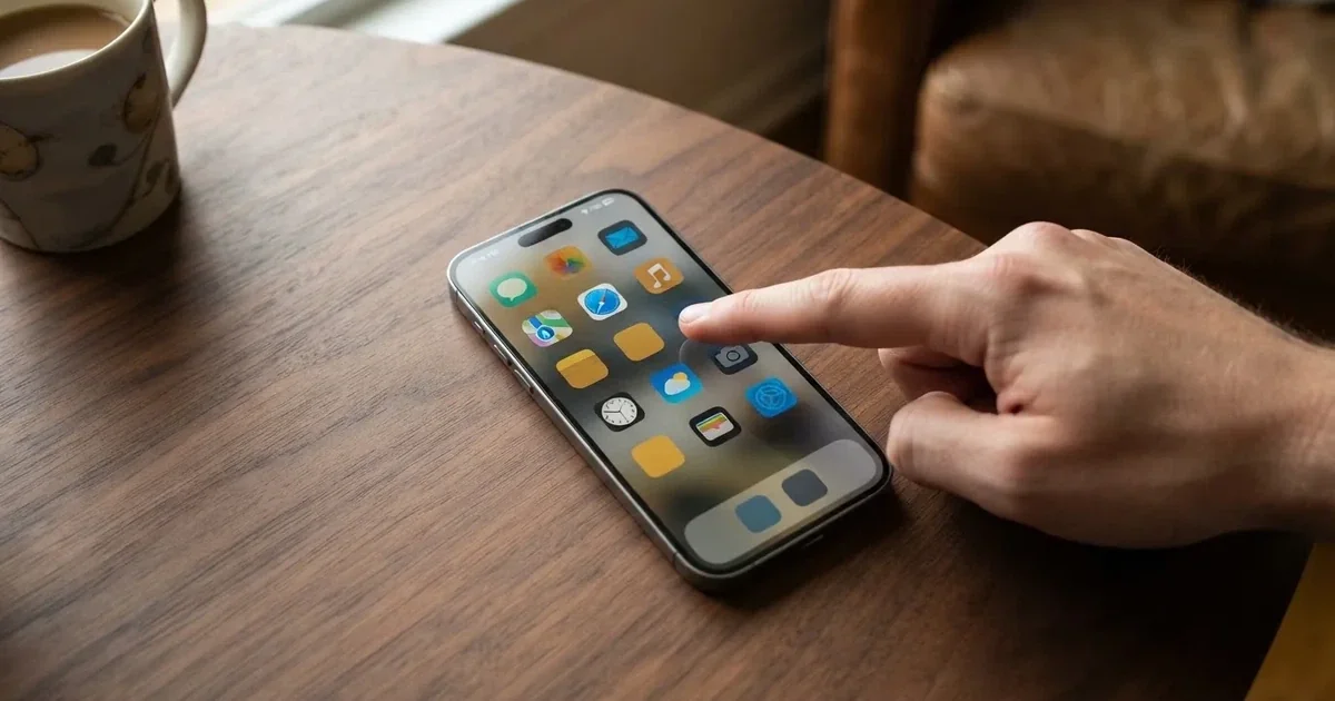 A hand tapping a smartphone screen showing generic app icons, none of them branded.