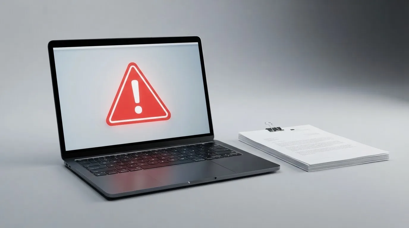 A red triangular warning sign icon on a laptop screen next to a stack of legal papers, symbolising an official caution rather than any specific website.