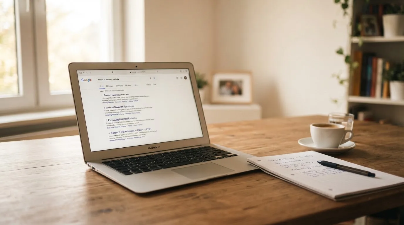 A tidy desk with a laptop open on a plain search-results page, a notebook and a coffee cup beside it, no screens showing any casino branding.