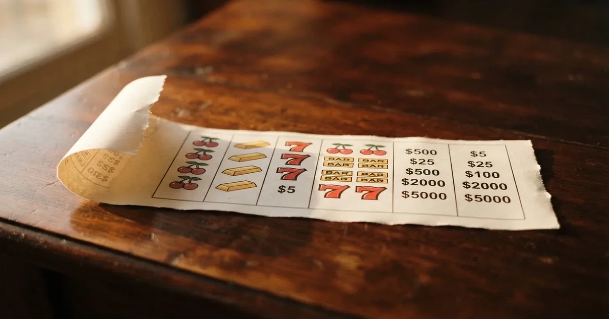 A printed strip of generic slot symbols and payout numbers laid on a desk, like a reference chart rather than a live game.