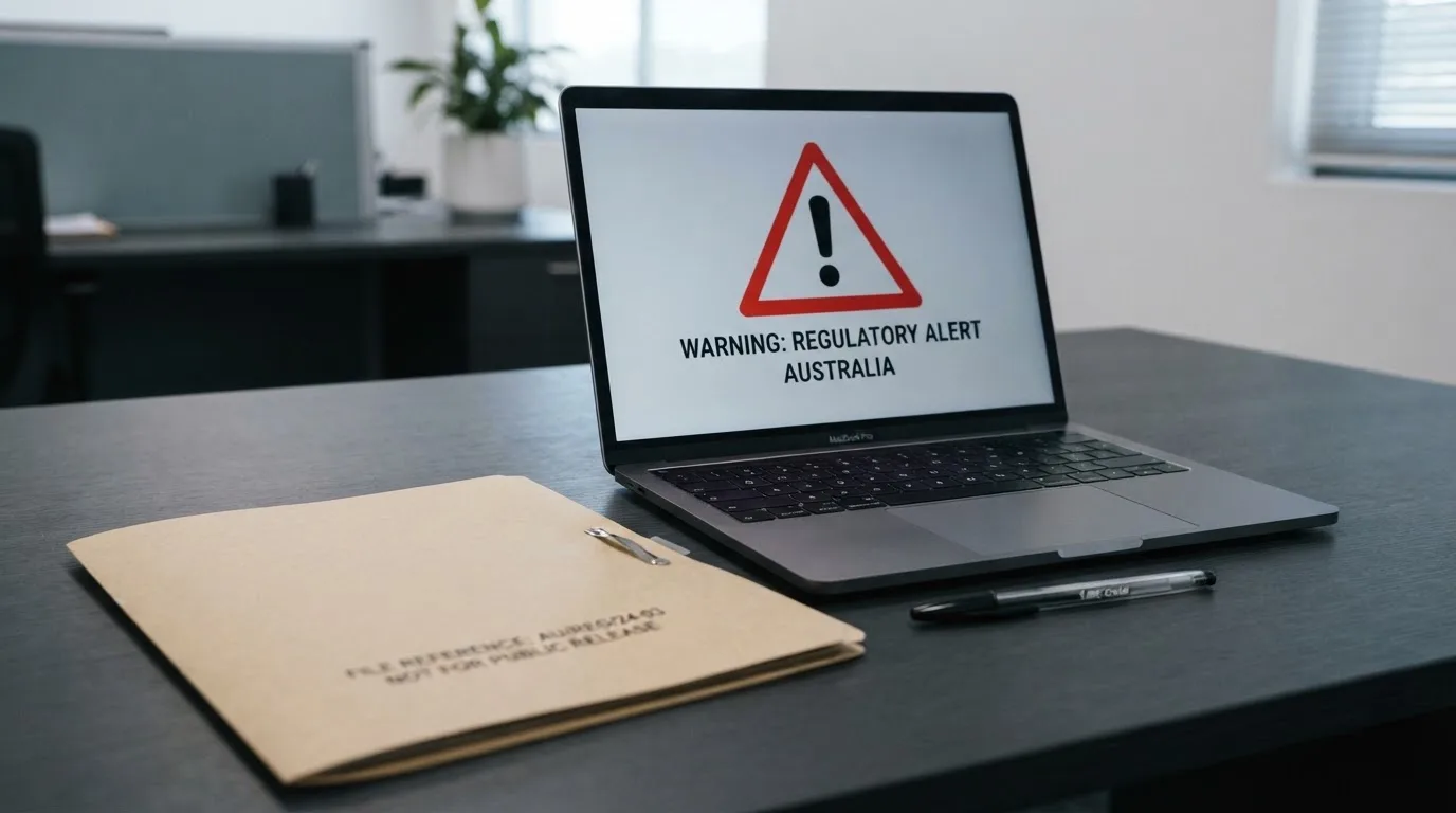A red triangular warning sign icon on a laptop screen next to a stack of legal papers, symbolising an official caution rather than any specific website.