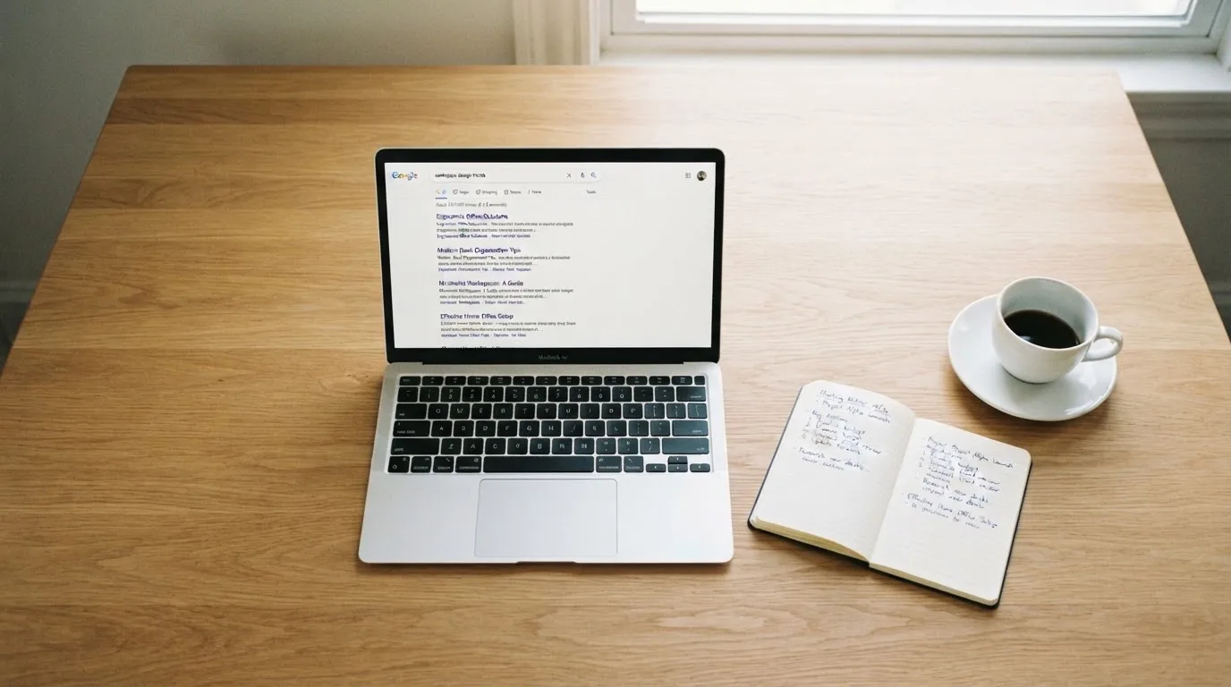 A tidy desk with a laptop open on a plain search-results page, a notebook and a coffee cup beside it, no screens showing any casino branding.