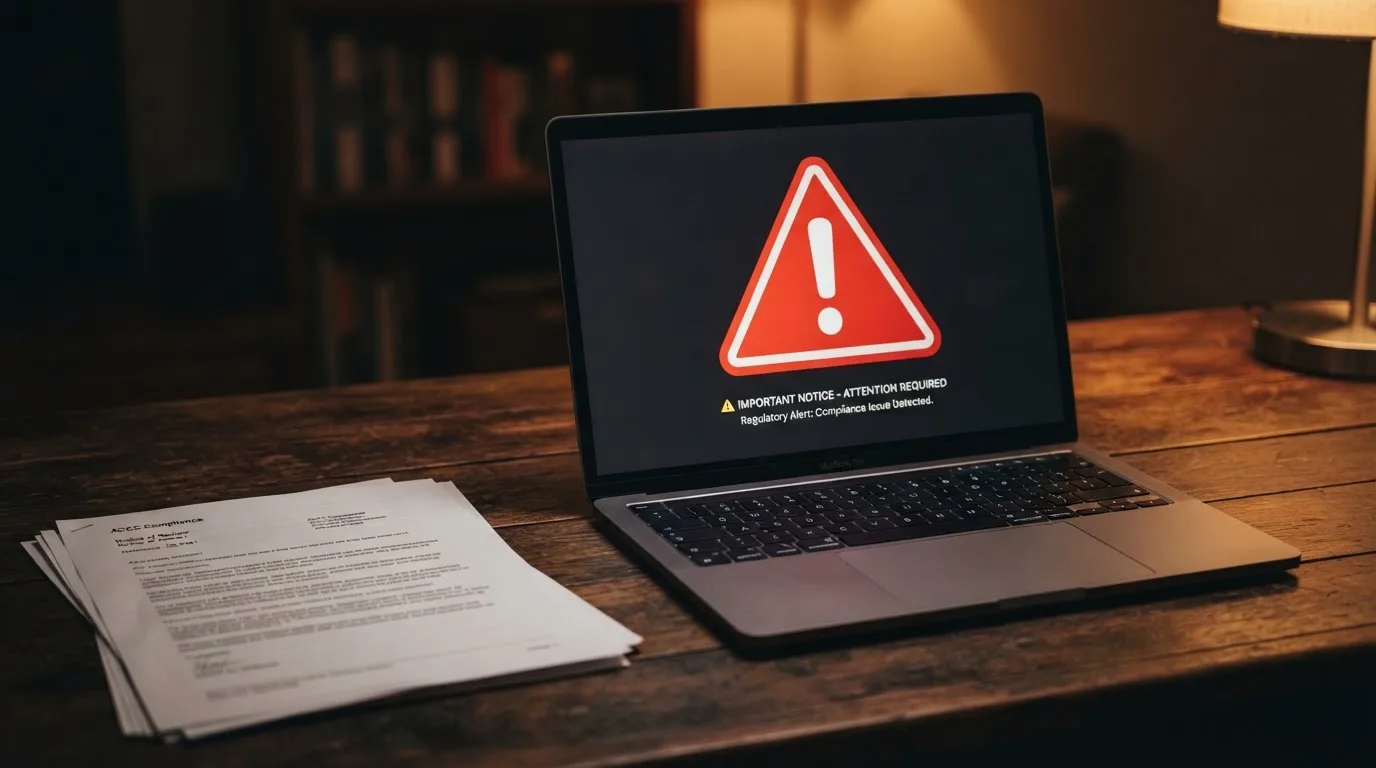 A red triangular warning sign icon on a laptop screen next to a stack of legal papers, symbolising an official caution rather than any specific website.