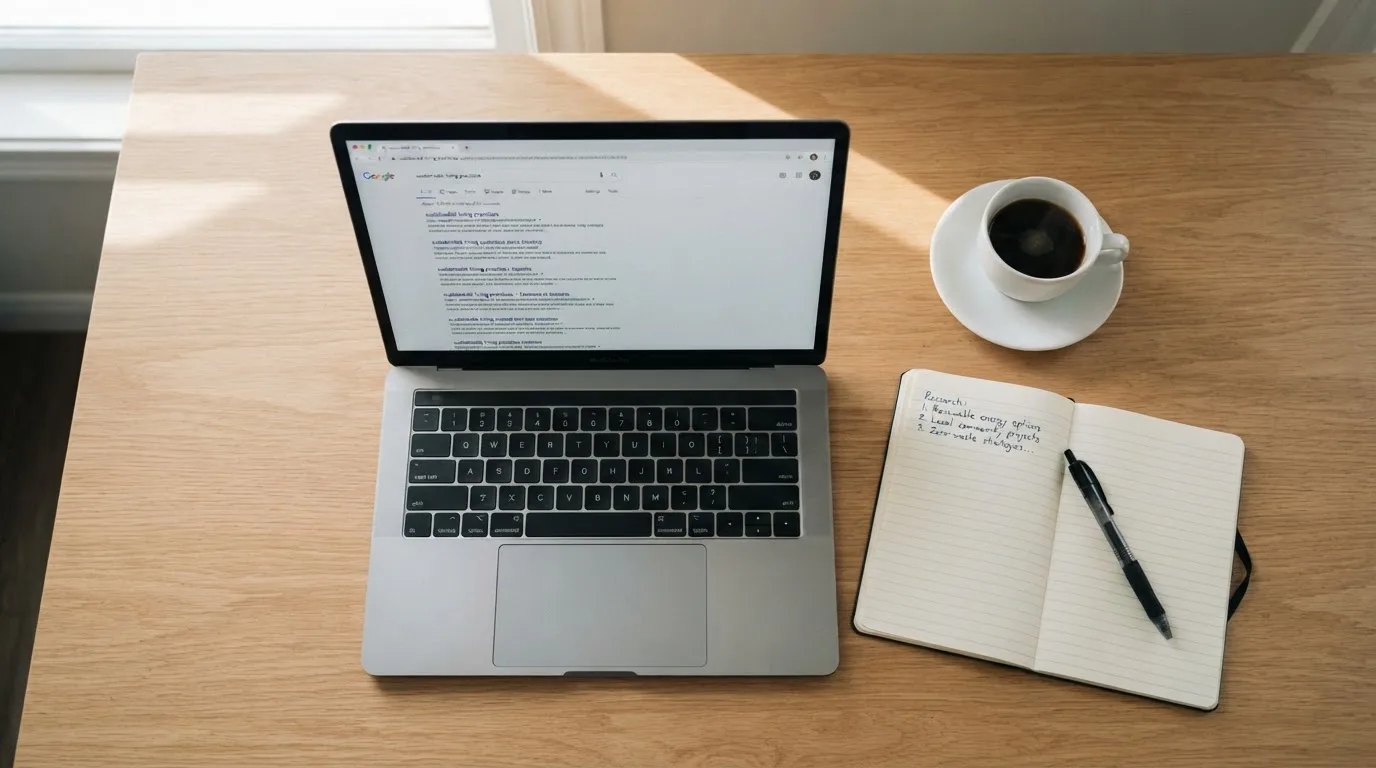 A tidy desk with a laptop open on a plain search-results page, a notebook and a coffee cup beside it, no screens showing any casino branding.