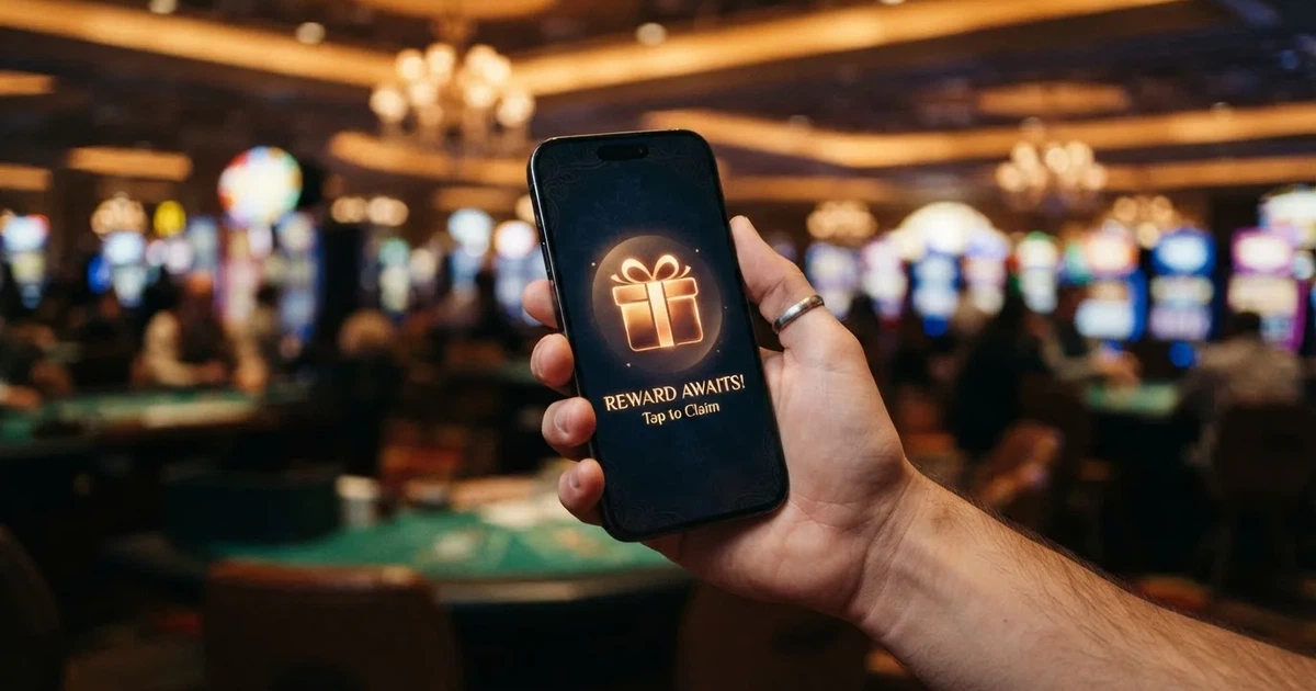 A gift box icon glowing on a phone screen, held at arm's length, suggesting an unopened offer rather than an active game.