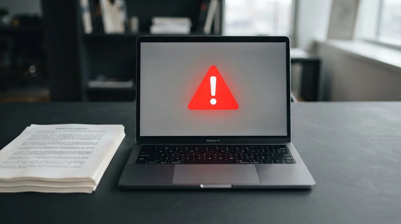 A red triangular warning sign icon on a laptop screen next to a stack of legal papers, symbolising an official caution rather than any specific website.
