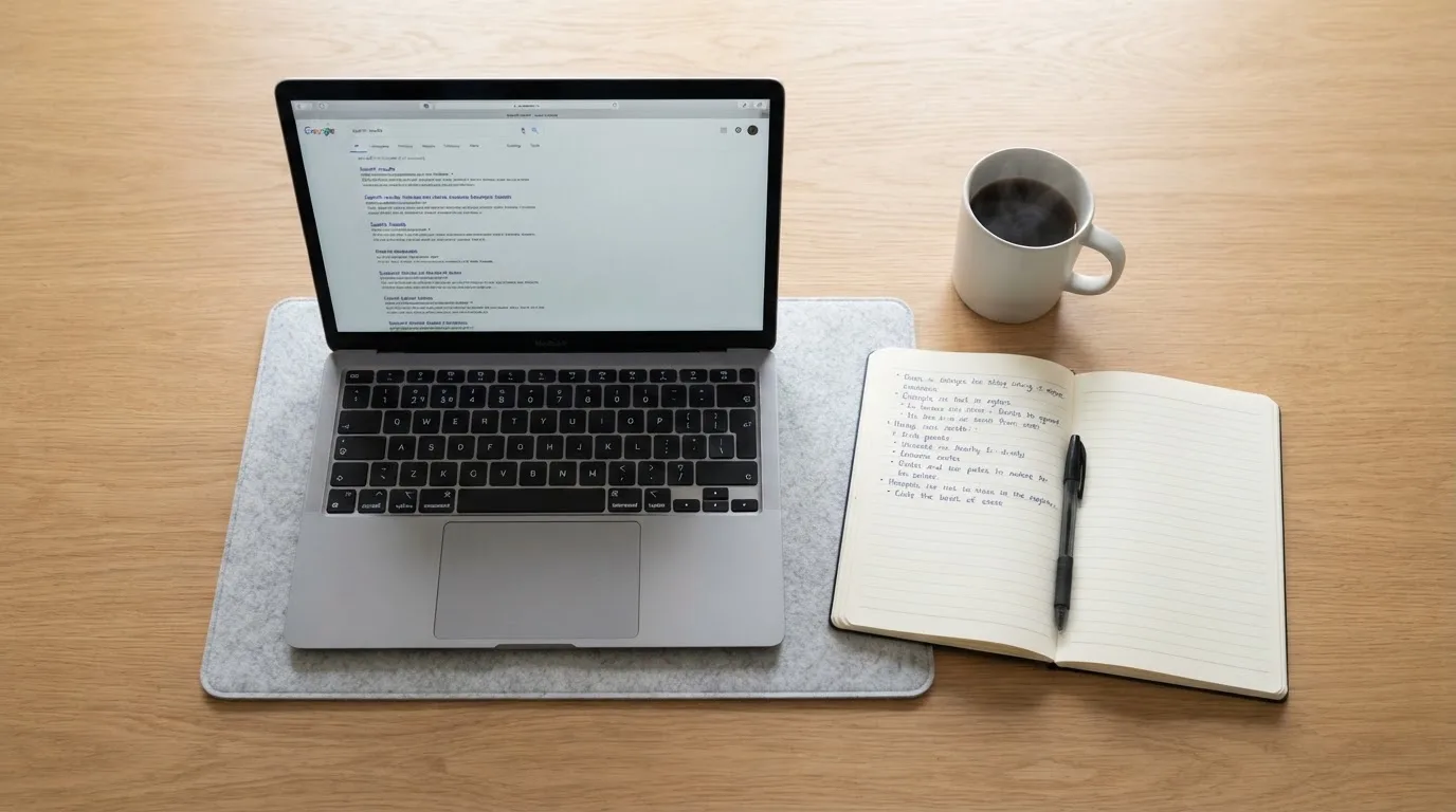 A tidy desk with a laptop open on a plain search-results page, a notebook and a coffee cup beside it, no screens showing any casino branding.