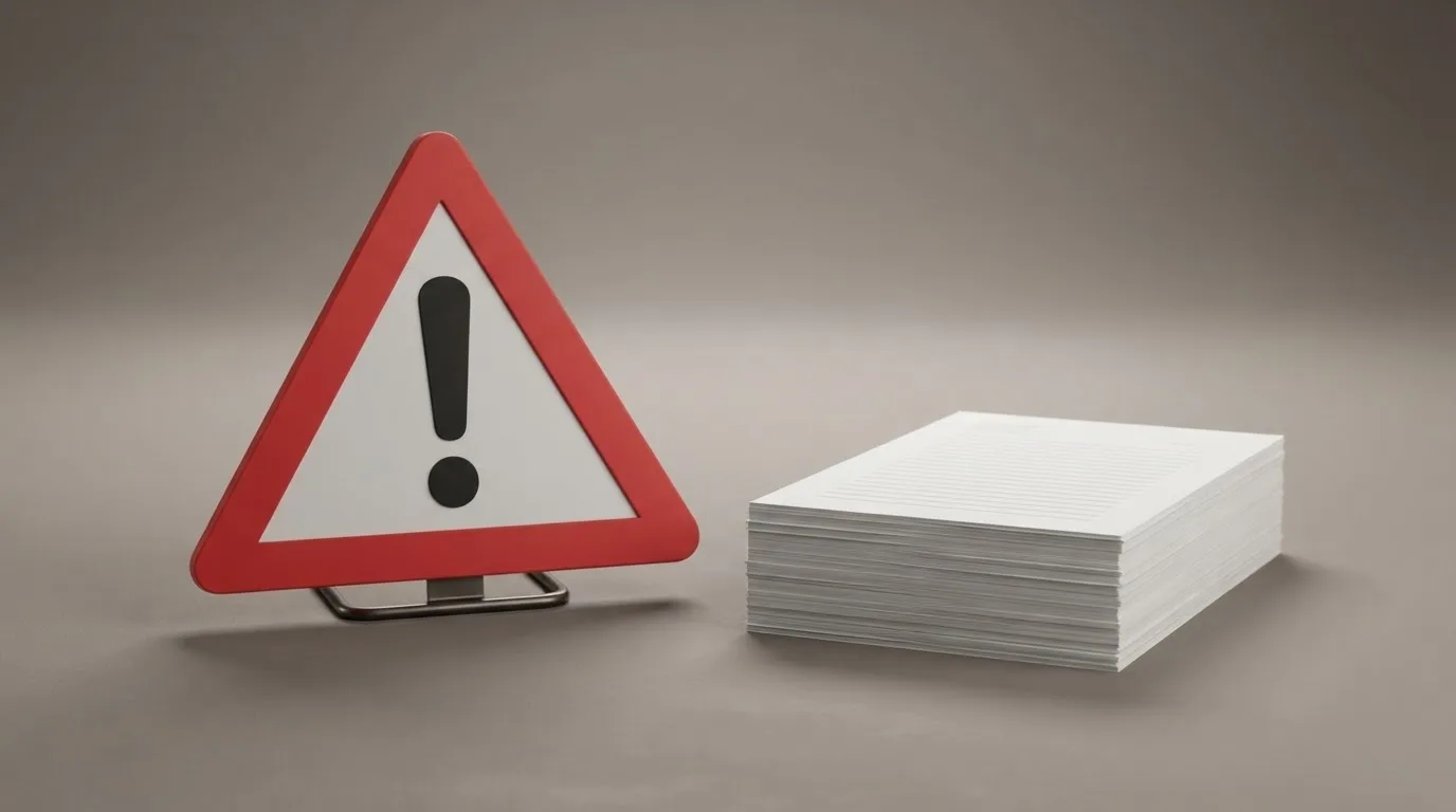 A red triangular warning sign icon on a laptop screen next to a stack of legal papers, symbolising an official caution rather than any specific website.