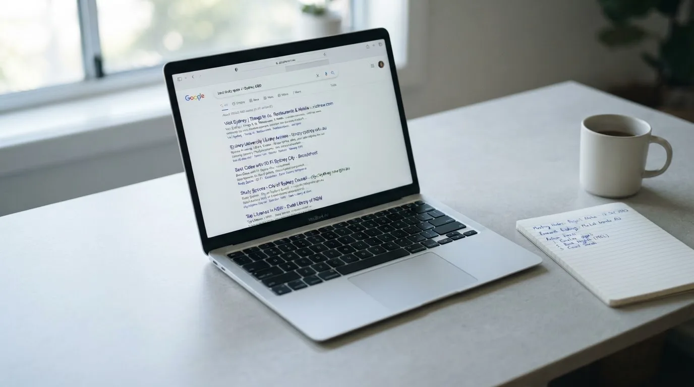 A tidy desk with a laptop open on a plain search-results page, a notebook and a coffee cup beside it, no screens showing any casino branding.