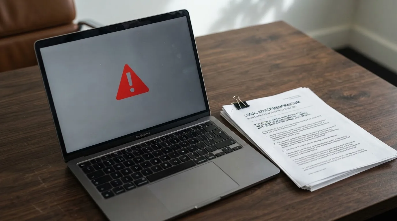 A red triangular warning sign icon on a laptop screen next to a stack of legal papers, symbolising an official caution rather than any specific website.