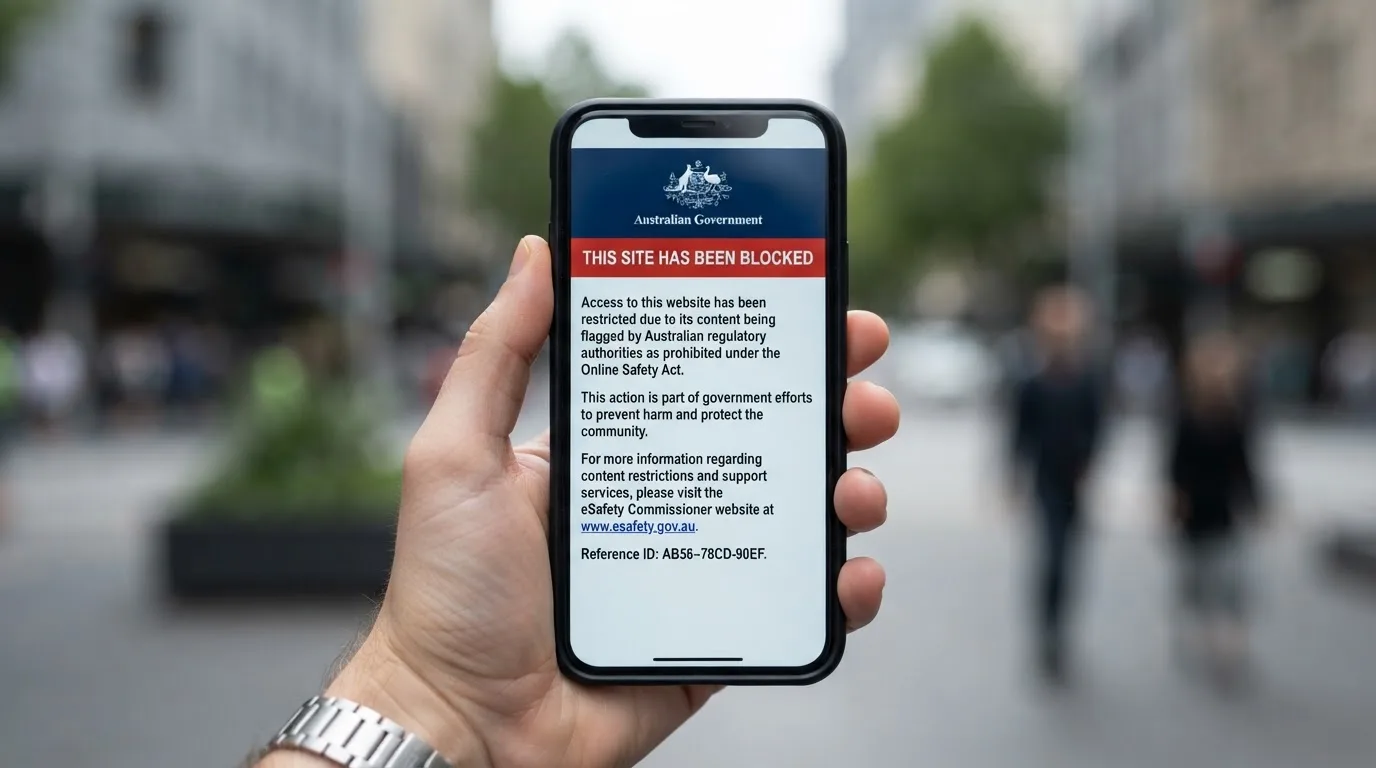 A smartphone screen showing a plain government warning notice about a blocked website, held against a blurred background.