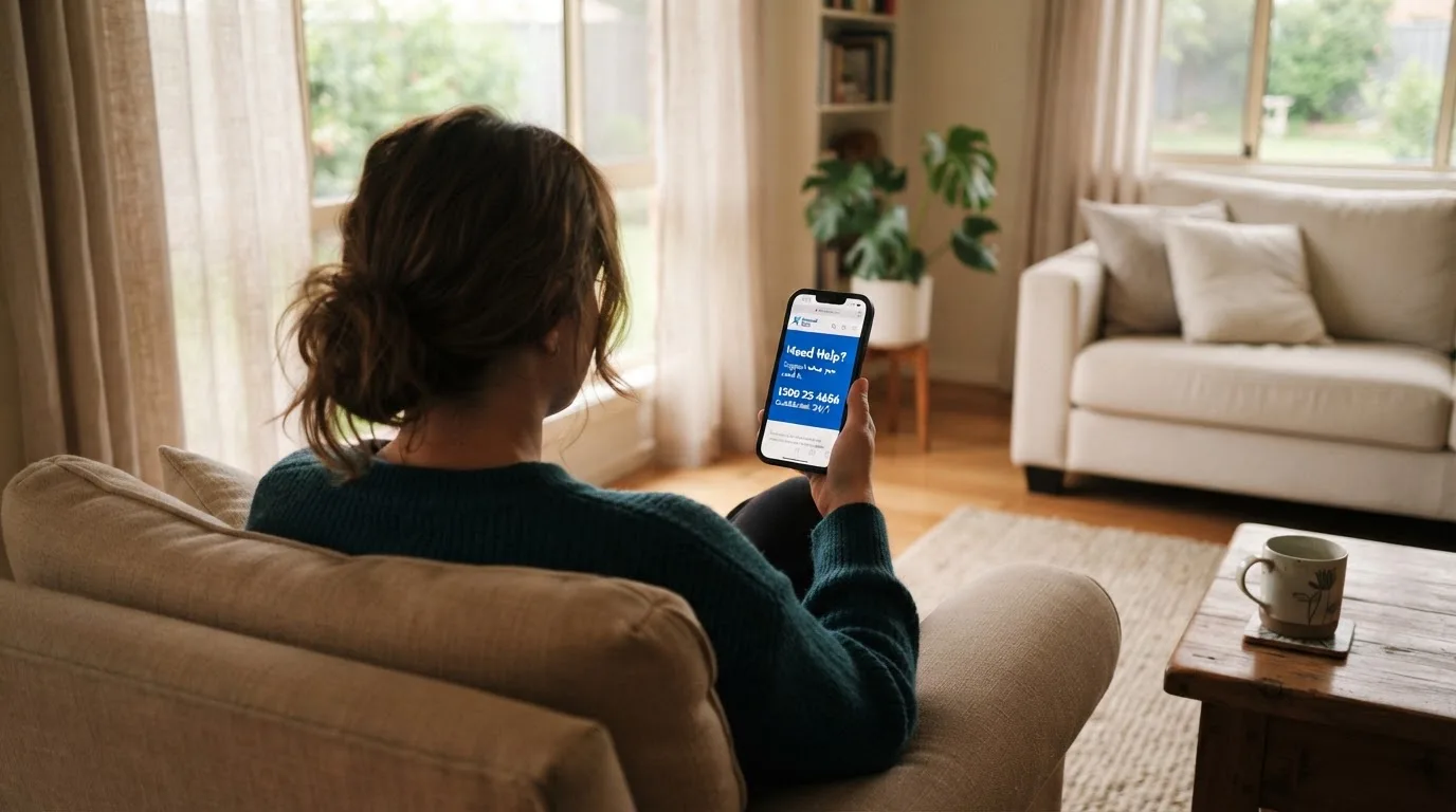 A person sitting calmly with a phone open to a support helpline page, no gaming screen visible.