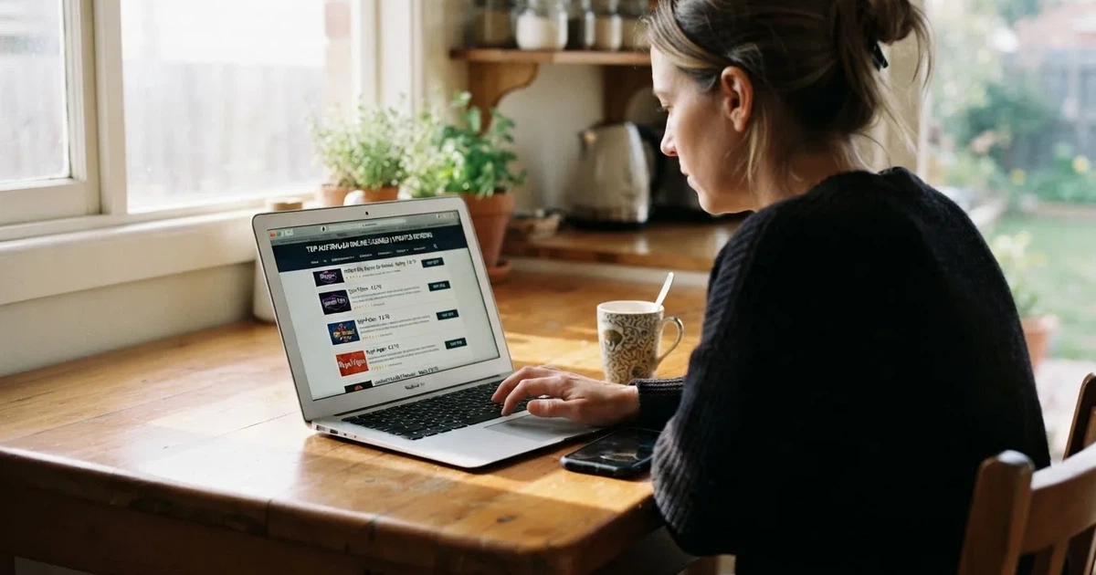 A person at a kitchen table scrolling through review pages on a laptop, phone face-down beside them.