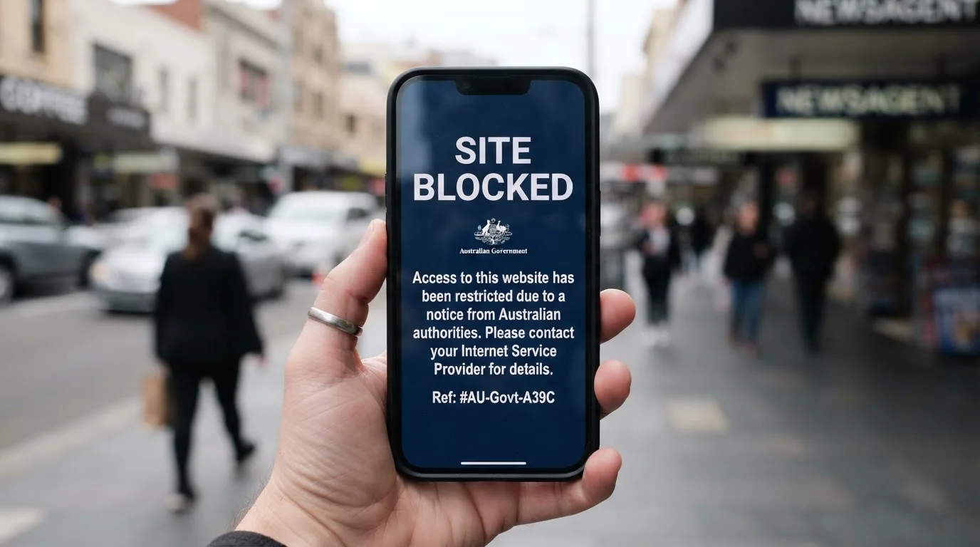 A smartphone screen showing a plain government warning notice about a blocked website, held against a blurred background.