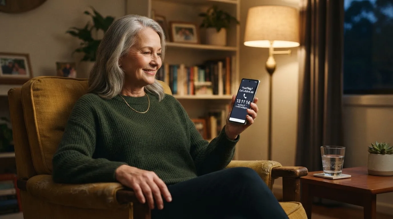 A person sitting calmly with a phone open to a support helpline page, no gaming screen visible.