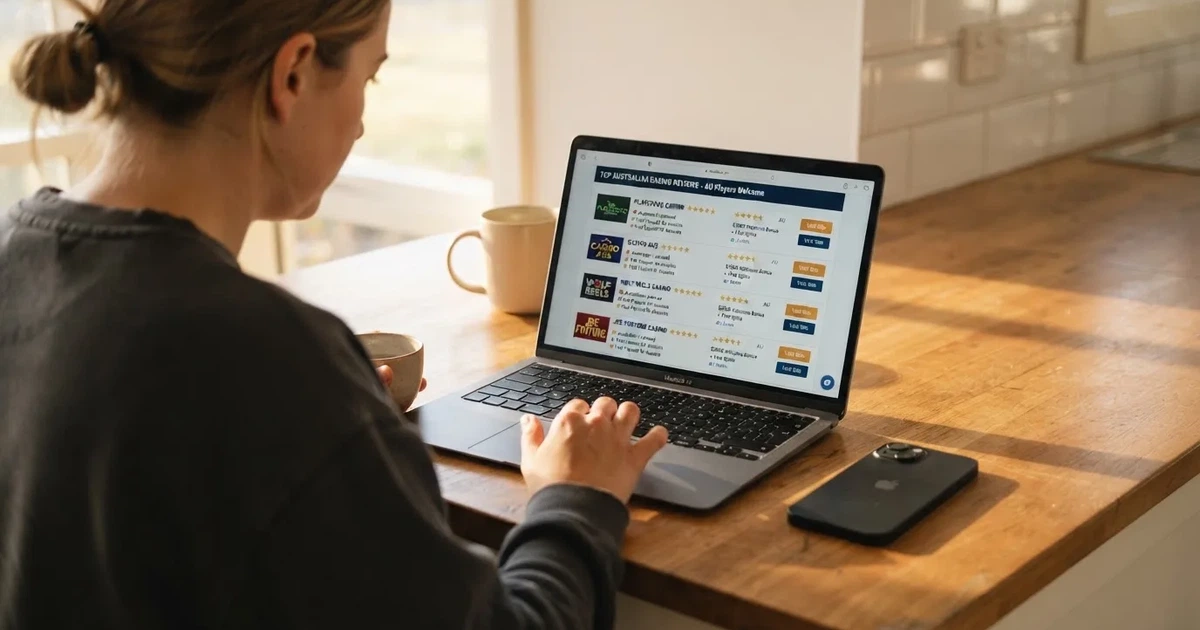 A person at a kitchen table scrolling through review pages on a laptop, phone face-down beside them.