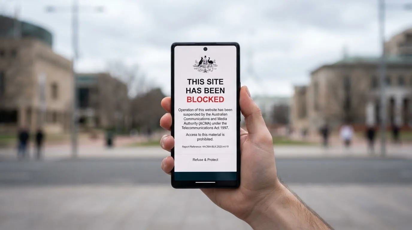 A smartphone screen showing a plain government warning notice about a blocked website, held against a blurred background.