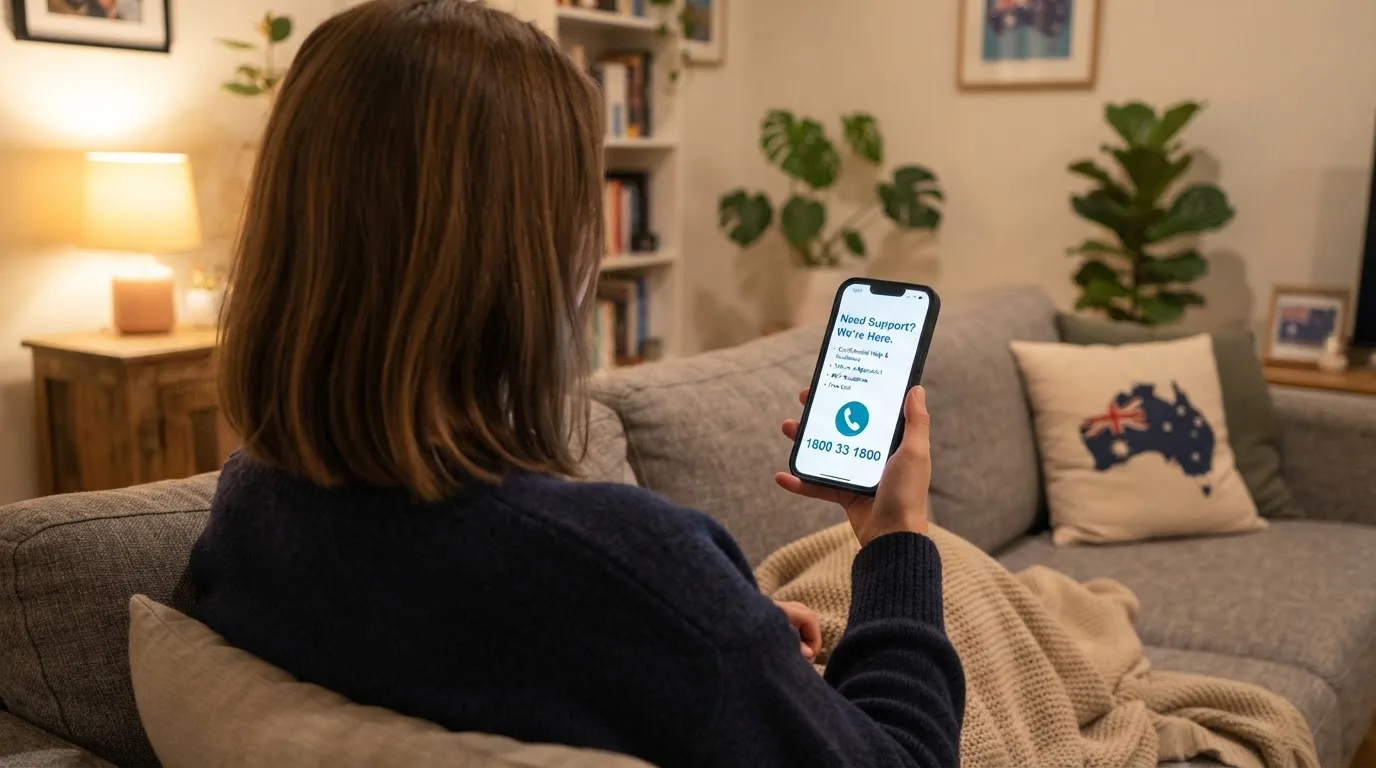 A person sitting calmly with a phone open to a support helpline page, no gaming screen visible.