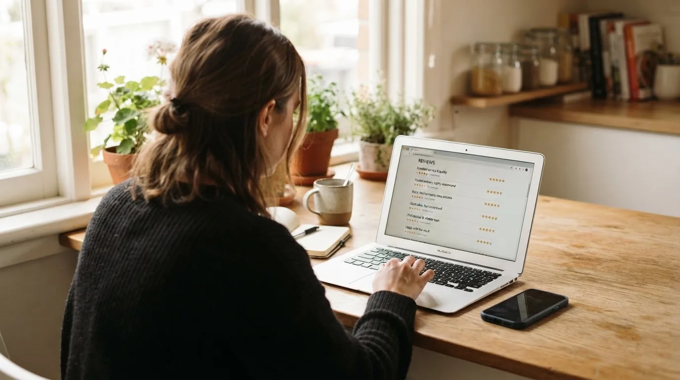 A person at a kitchen table scrolling through review pages on a laptop, phone face-down beside them.