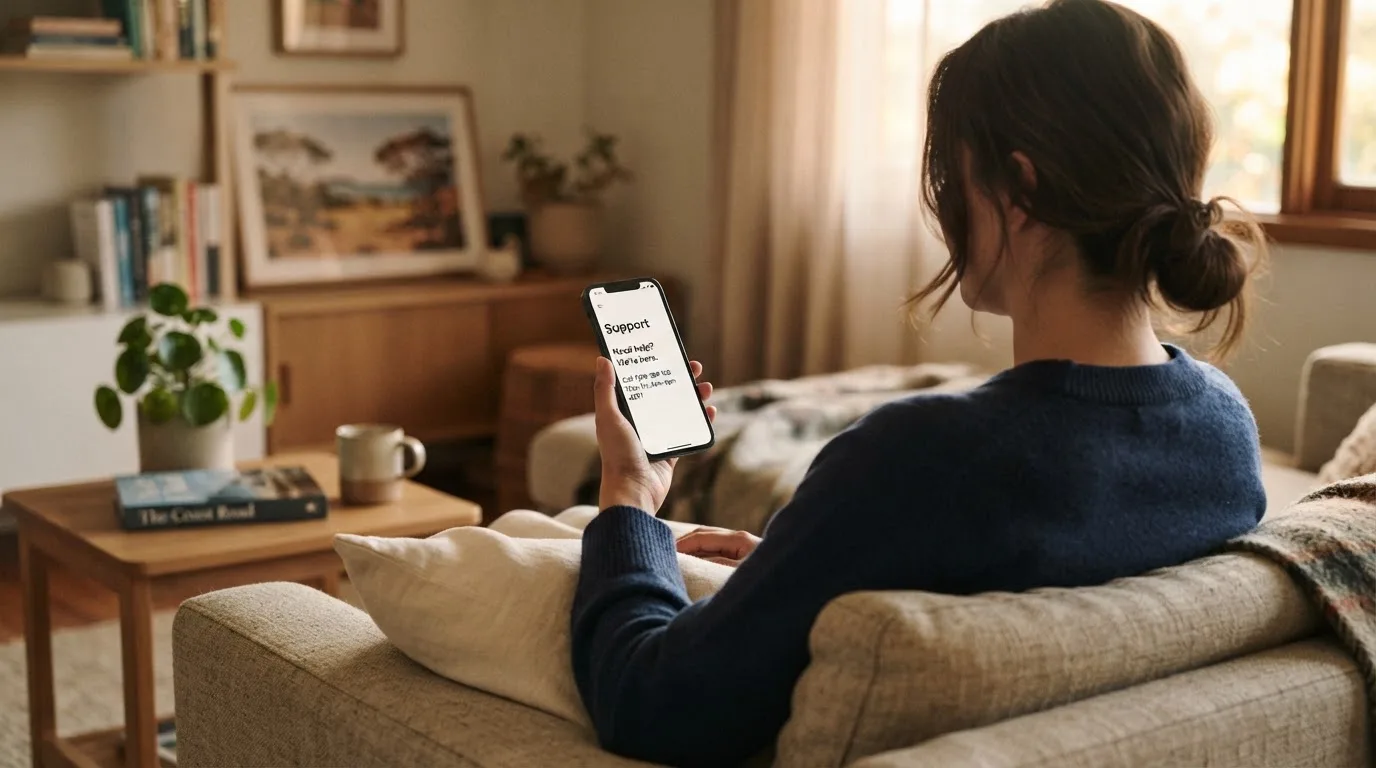 A person sitting calmly with a phone open to a support helpline page, no gaming screen visible.