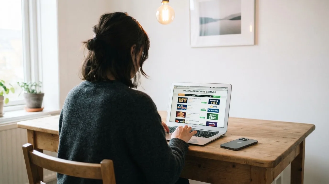 A person at a kitchen table scrolling through review pages on a laptop, phone face-down beside them.