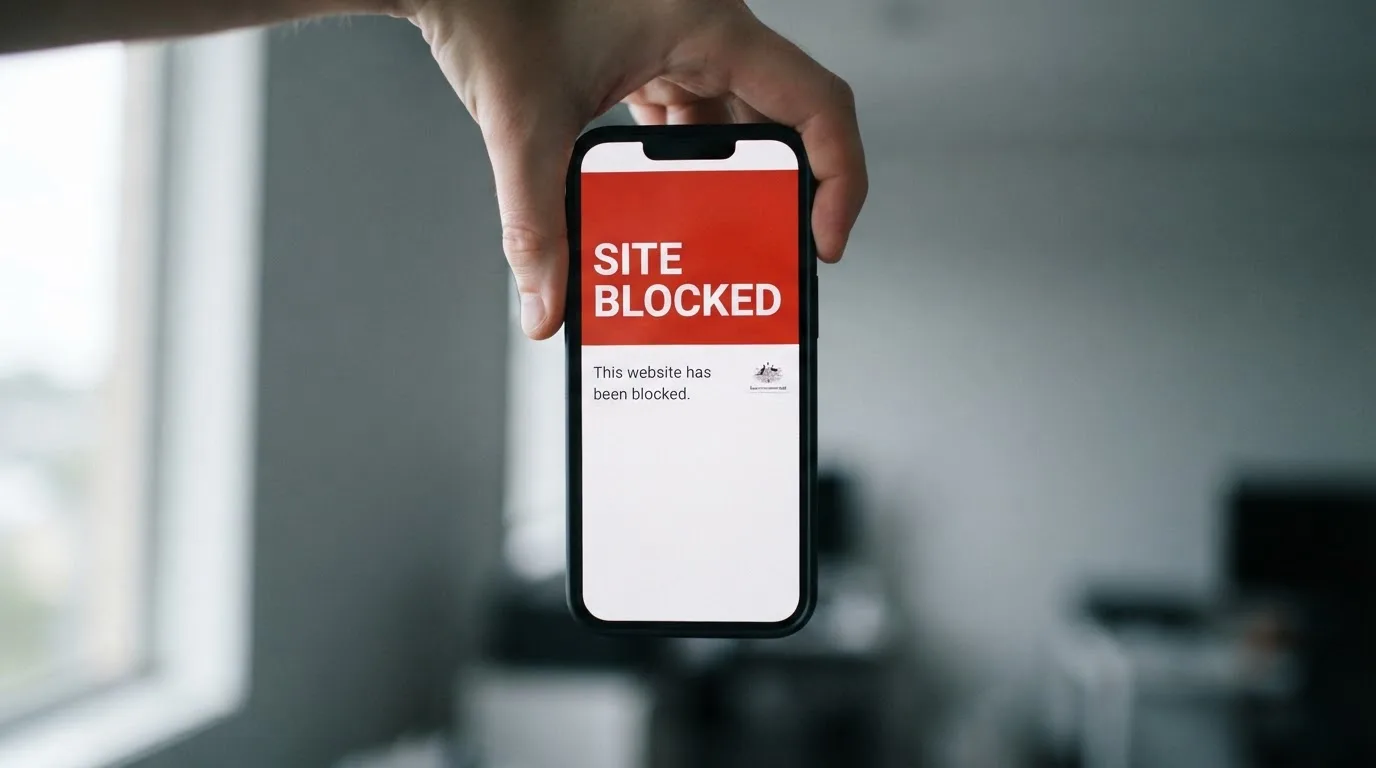 A smartphone screen showing a plain government warning notice about a blocked website, held against a blurred background.