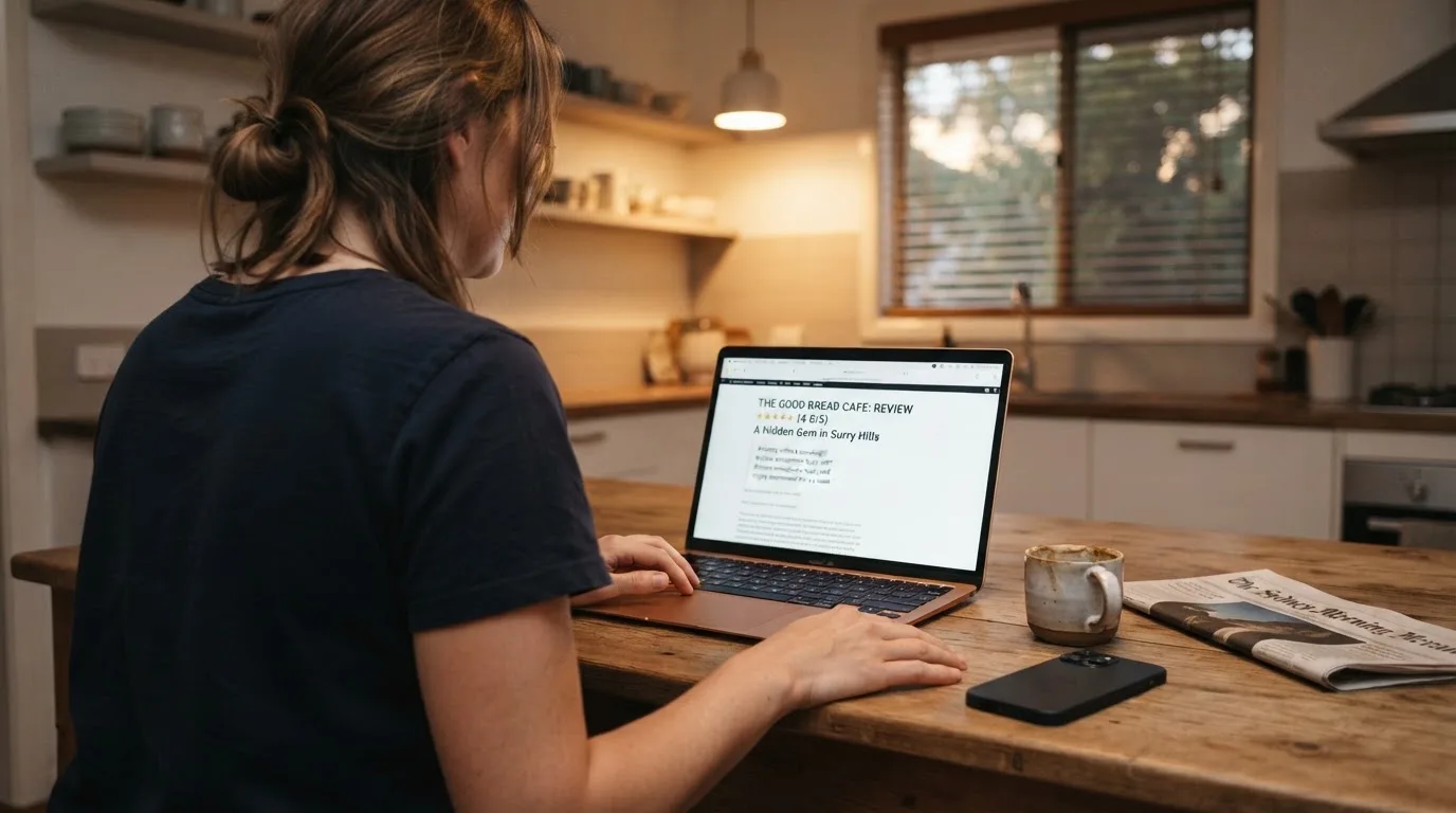A person at a kitchen table scrolling through review pages on a laptop, phone face-down beside them.