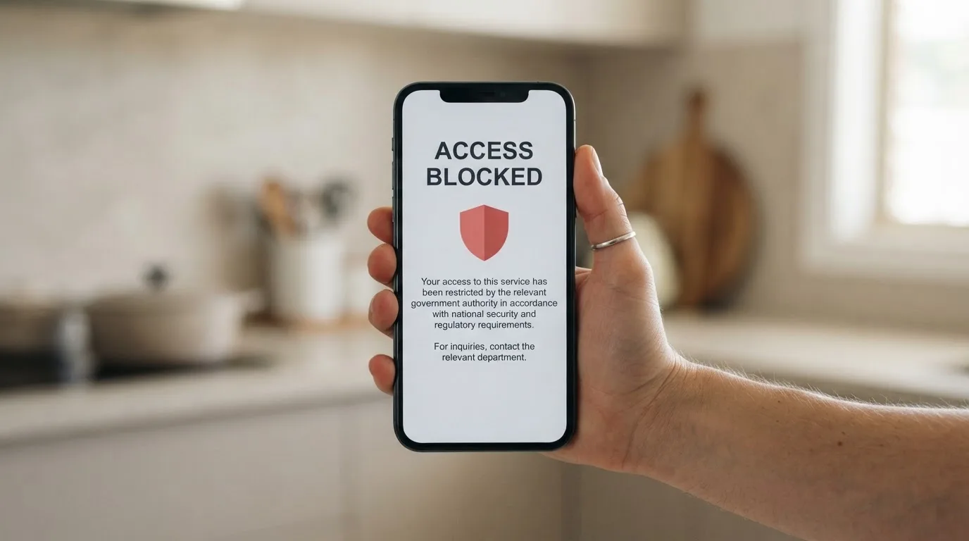 A smartphone screen showing a plain government warning notice about a blocked website, held against a blurred background.