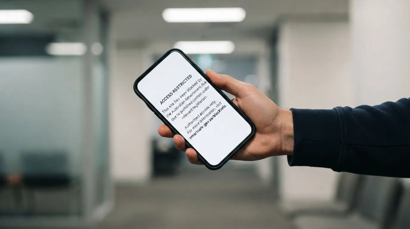 A smartphone screen showing a plain government warning notice about a blocked website, held against a blurred background.