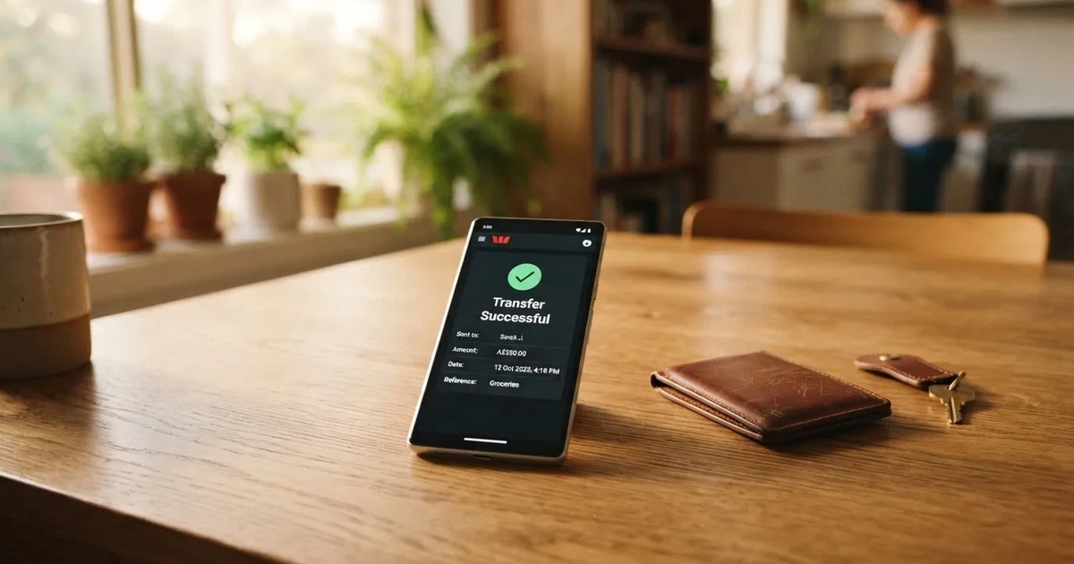A phone screen showing a bank transfer confirmation, held next to a wallet on a table.