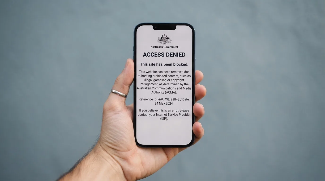 A smartphone screen showing a plain government warning notice about a blocked website, held against a blurred background.