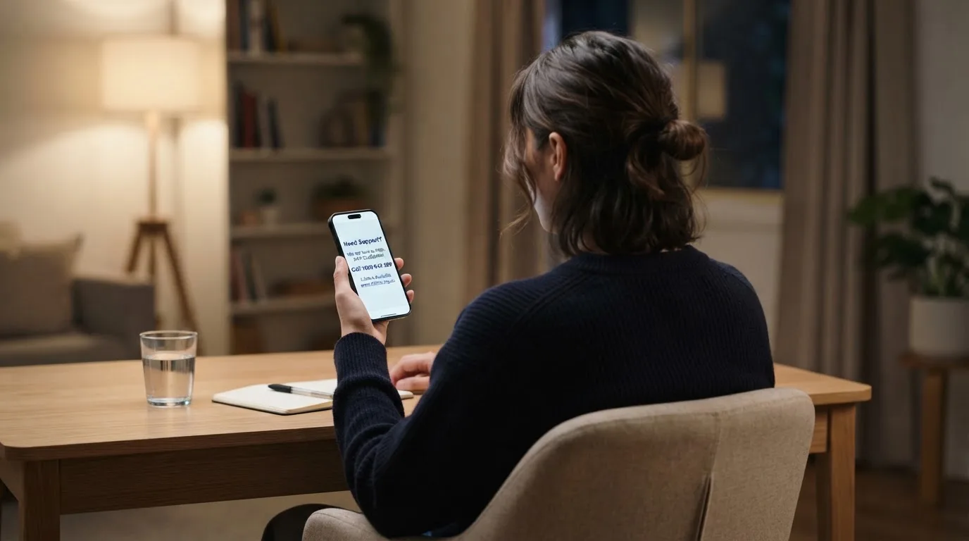 A person sitting calmly with a phone open to a support helpline page, no gaming screen visible.