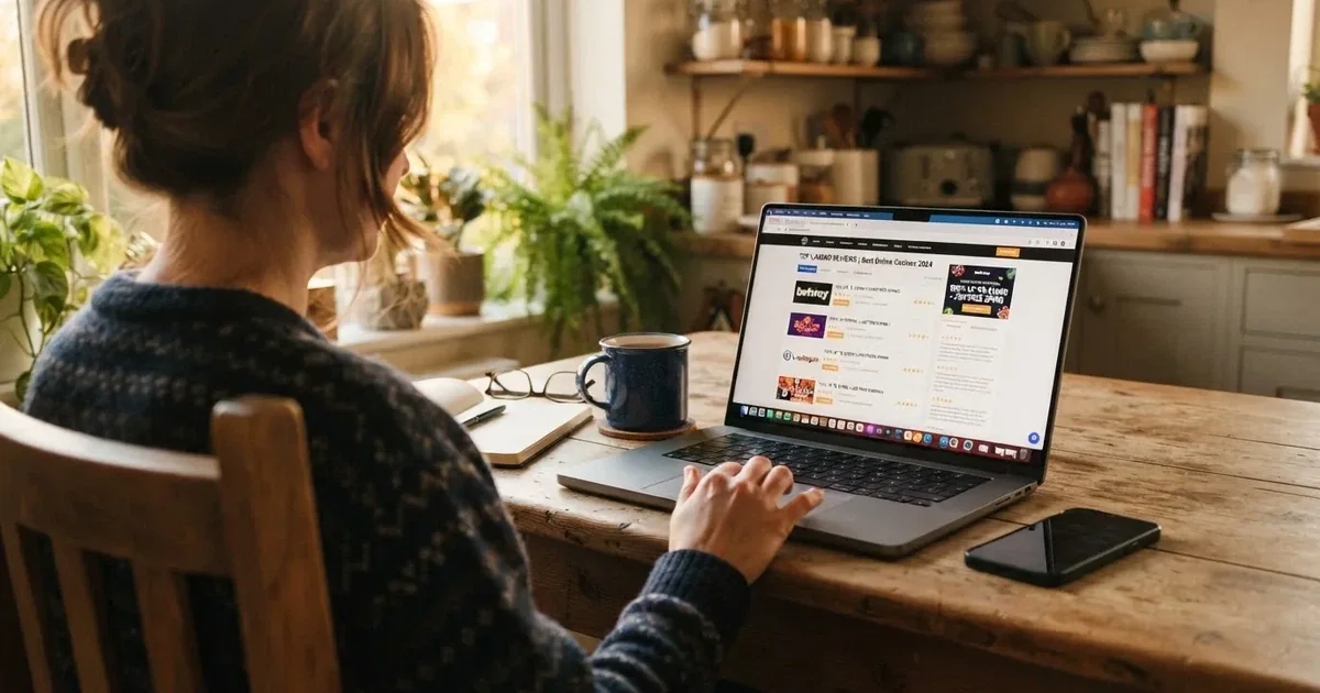 A person at a kitchen table scrolling through review pages on a laptop, phone face-down beside them.