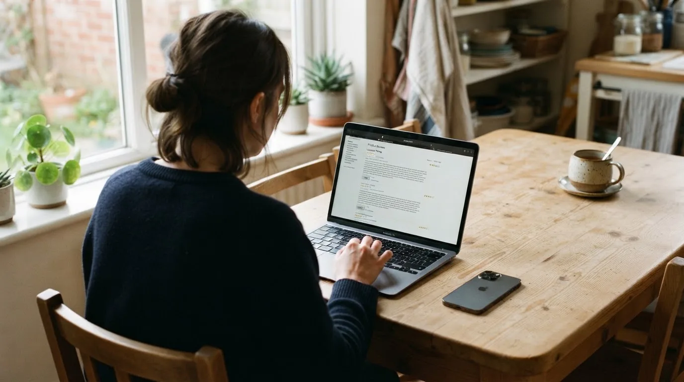 A person at a kitchen table scrolling through review pages on a laptop, phone face-down beside them.