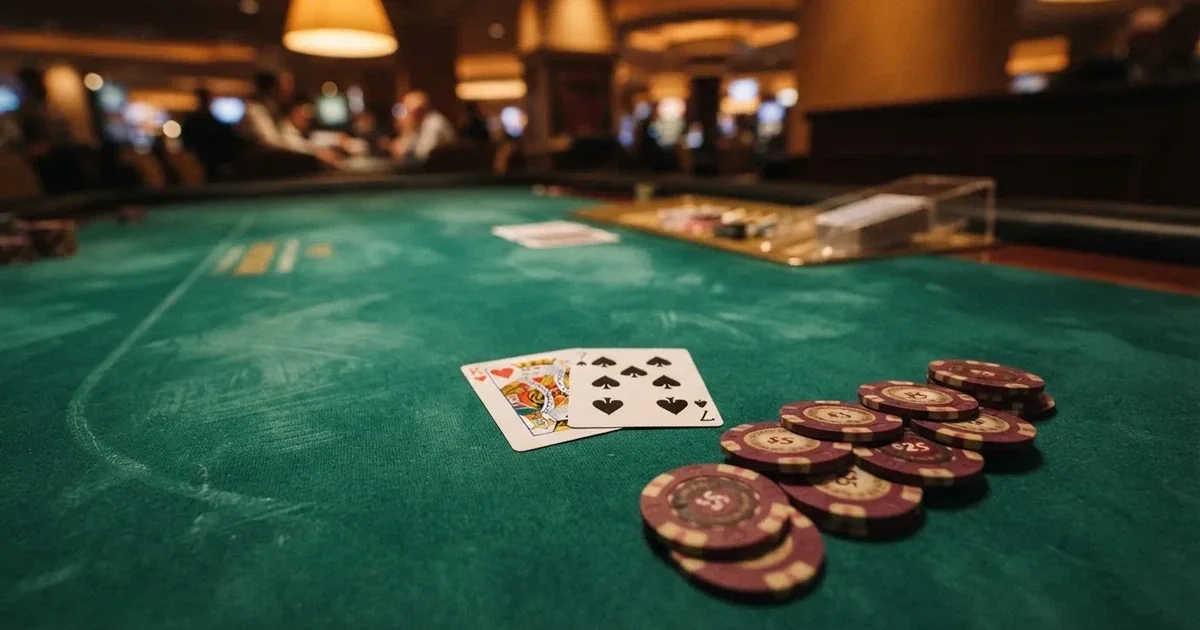 A close-up of a green felt gaming table with cards and chips mid-hand.