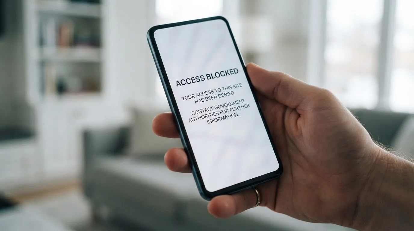 A smartphone screen showing a plain government warning notice about a blocked website, held against a blurred background.