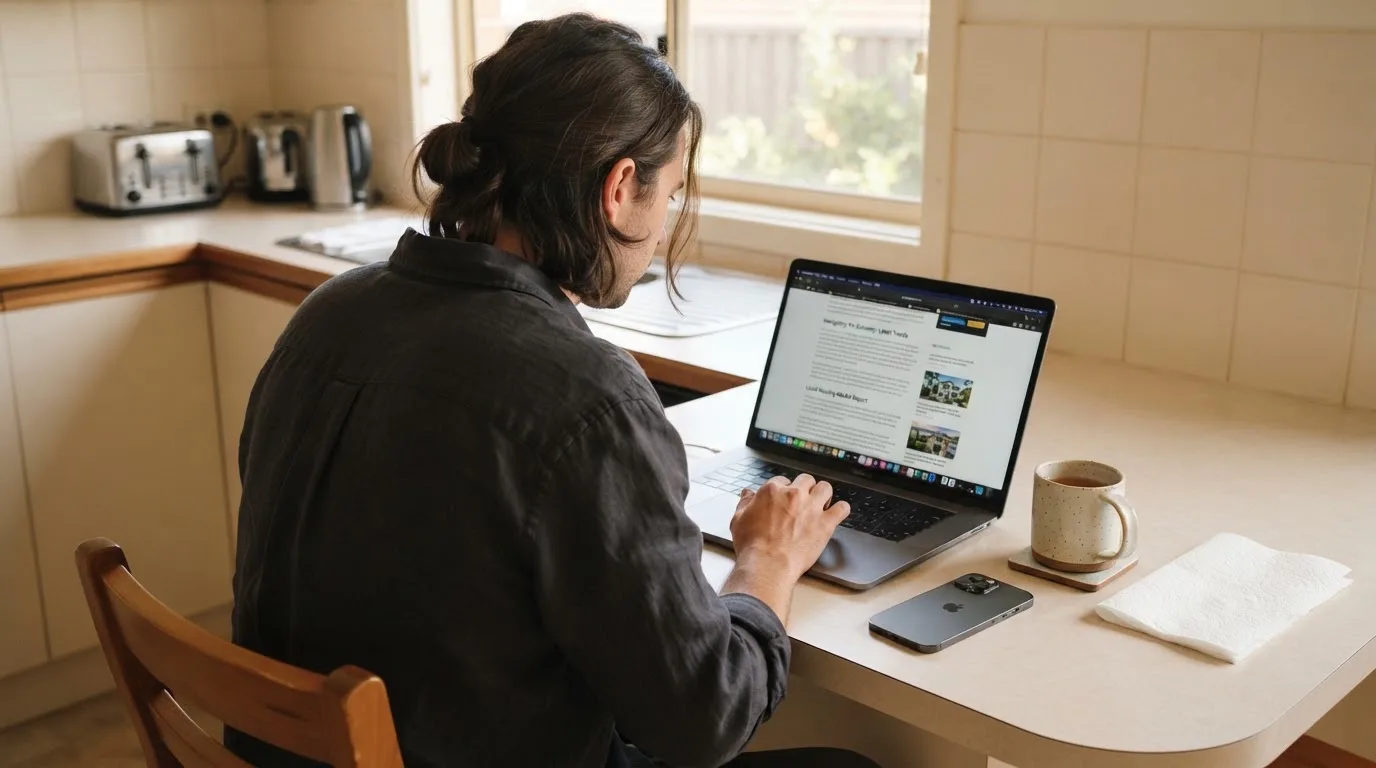 A person at a kitchen table scrolling through review pages on a laptop, phone face-down beside them.