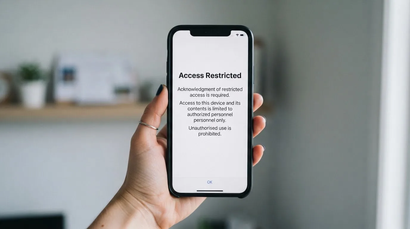 A smartphone screen showing a plain government warning notice about a blocked website, held against a blurred background.