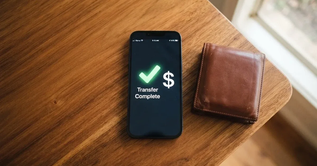 A phone screen showing a bank transfer confirmation, held next to a wallet on a table.
