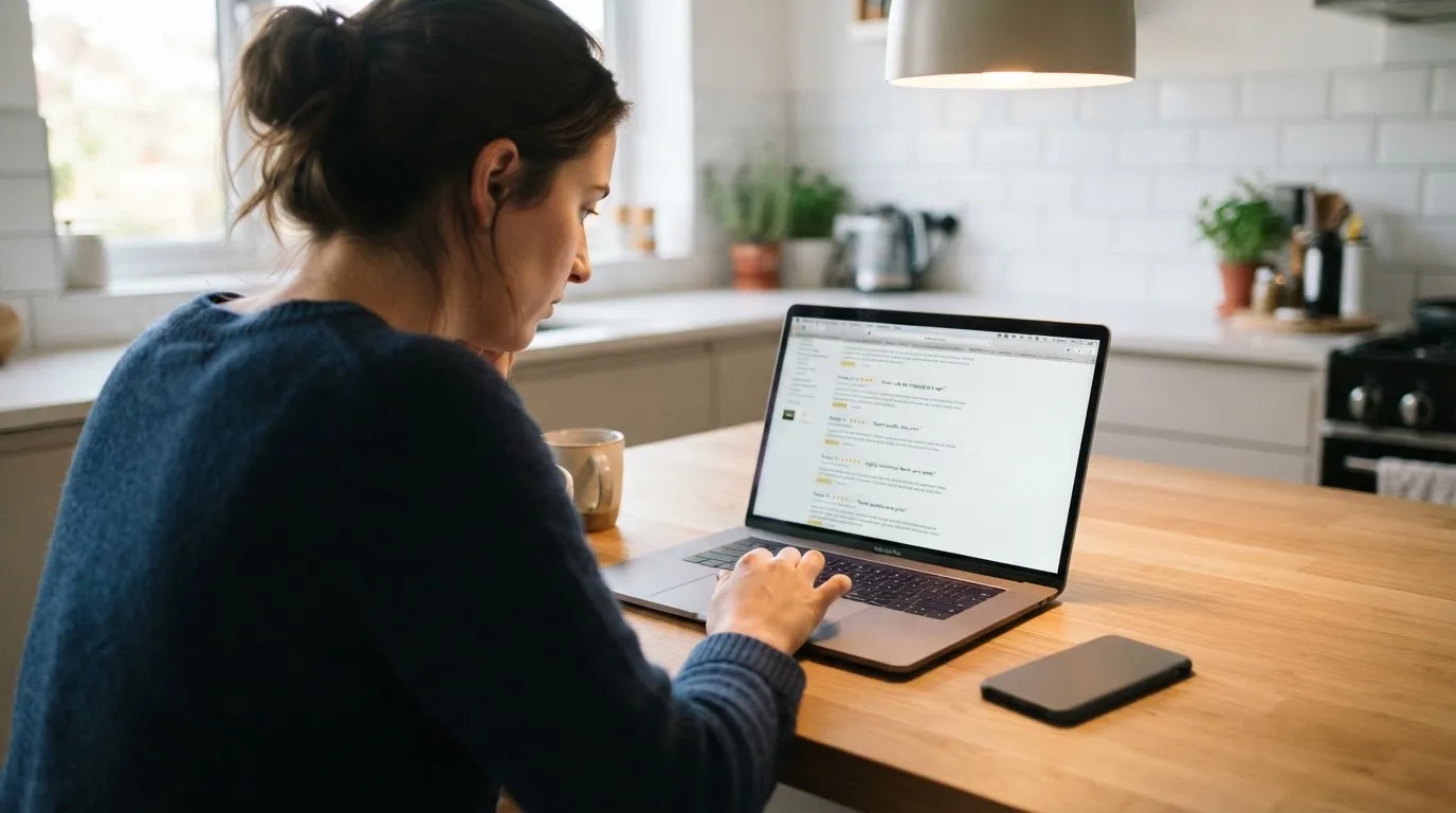 A person at a kitchen table scrolling through review pages on a laptop, phone face-down beside them.