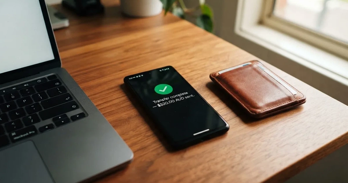 A phone screen showing a bank transfer confirmation, held next to a wallet on a table.