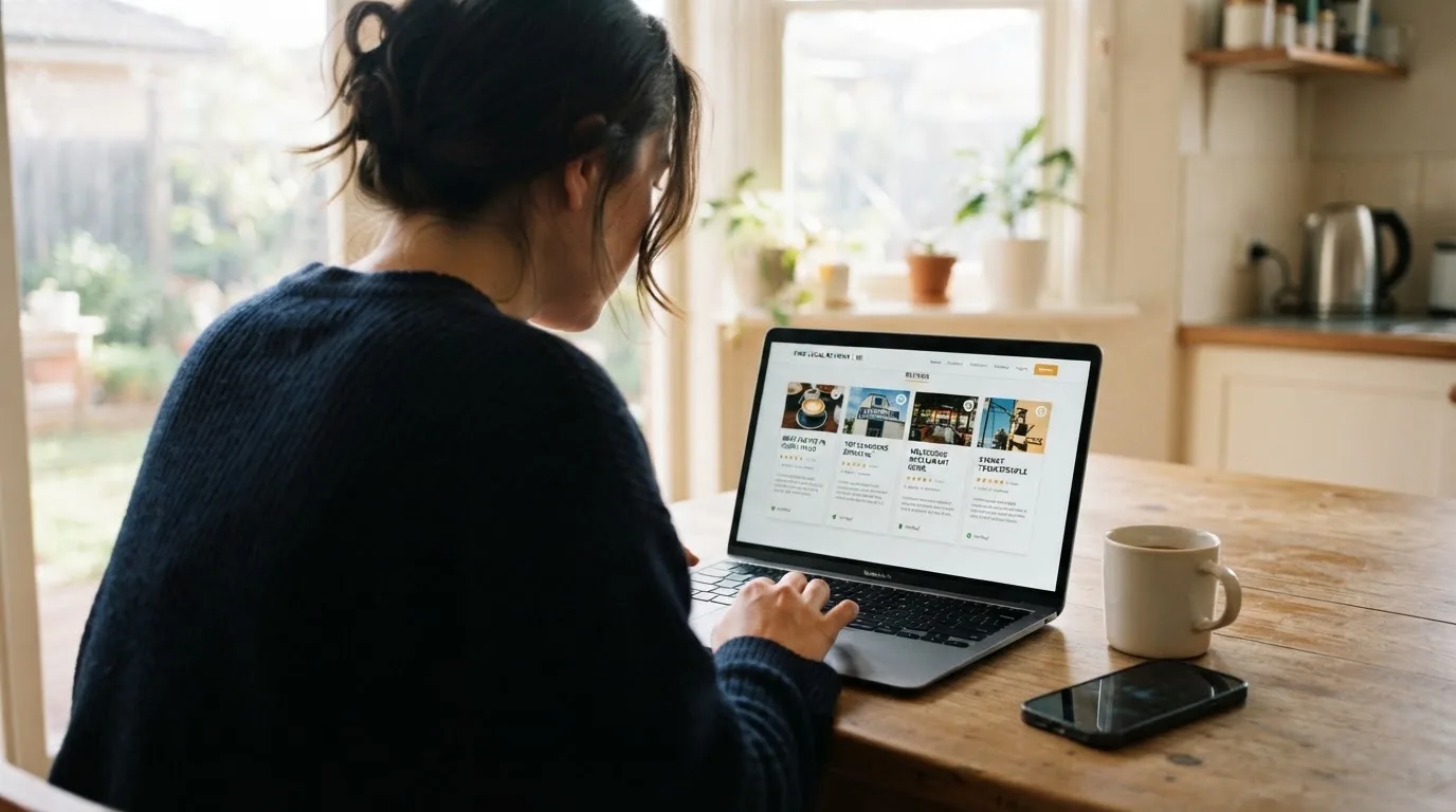 A person at a kitchen table scrolling through review pages on a laptop, phone face-down beside them.