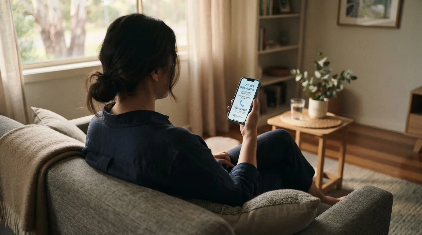 A person sitting calmly with a phone open to a support helpline page, no gaming screen visible.