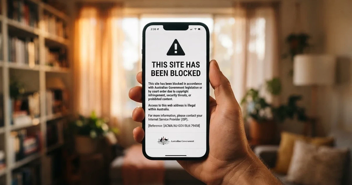 A smartphone screen showing a plain government warning notice about a blocked website, held against a blurred background.
