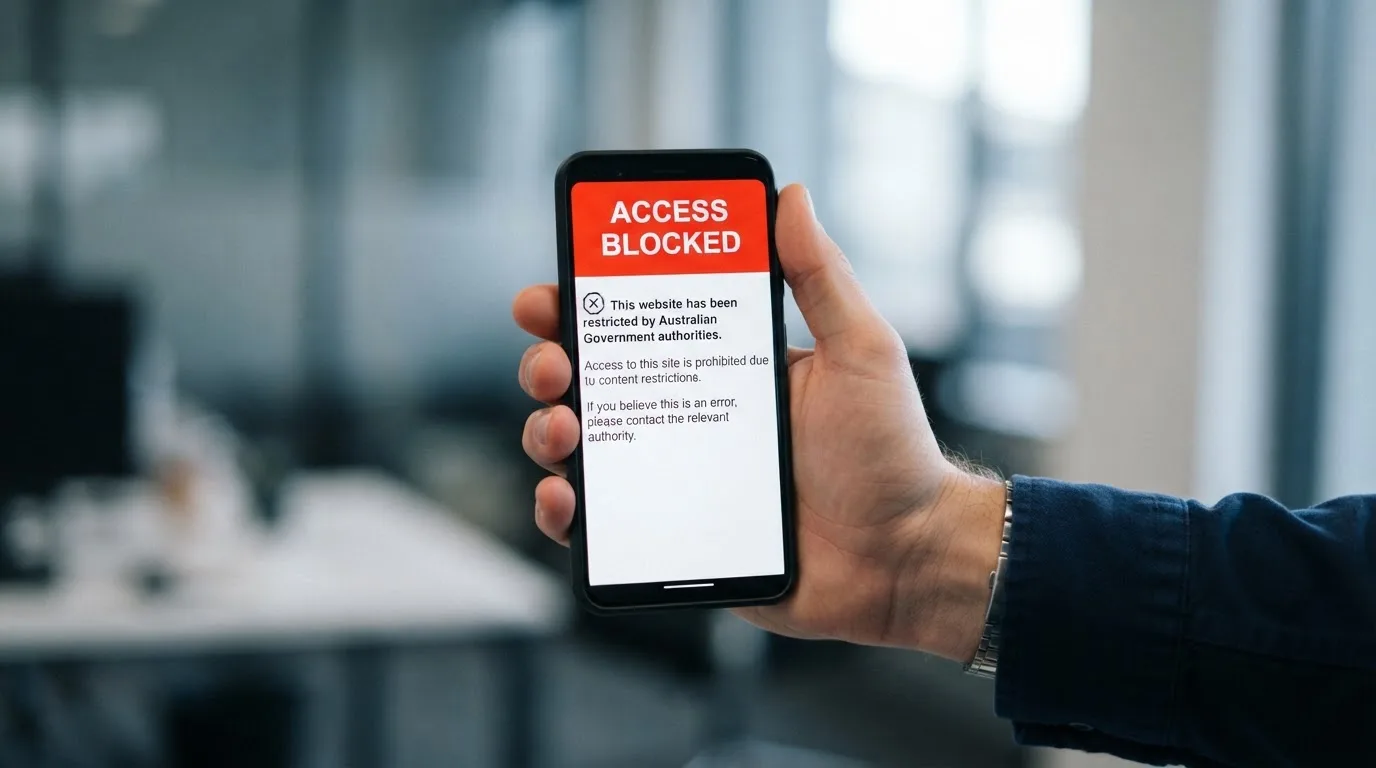 A smartphone screen showing a plain government warning notice about a blocked website, held against a blurred background.