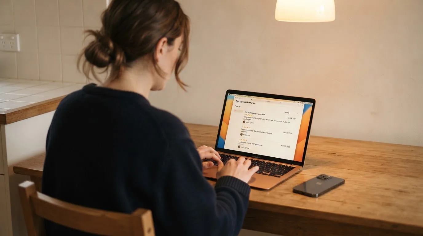 A person at a kitchen table scrolling through review pages on a laptop, phone face-down beside them.