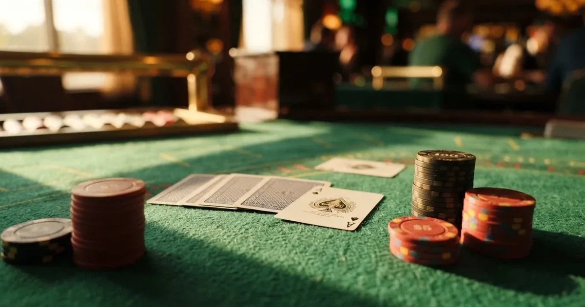 A close-up of a green felt gaming table with cards and chips mid-hand.